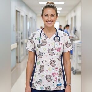 Green Town Owl-ways Good Vibes Print Scrub Top - Size M